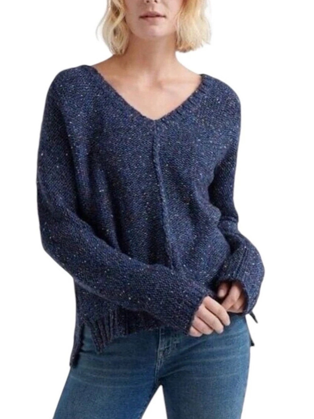 Lucky Brand Women's Oversized Sweater Wool Blend V-Neck Loose Knit Blue Size S/P